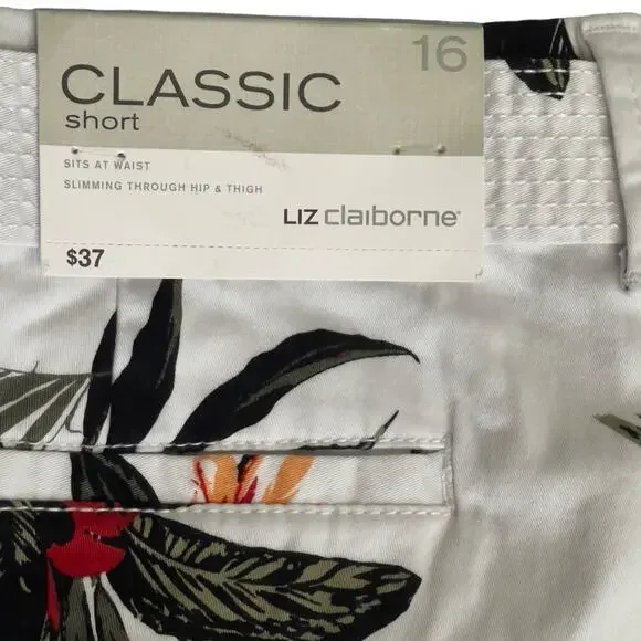 Liz Claiborne Tropical Print Shorts White Classic Belted Plus Size 16 Summer NWT - Picture 4 of 6